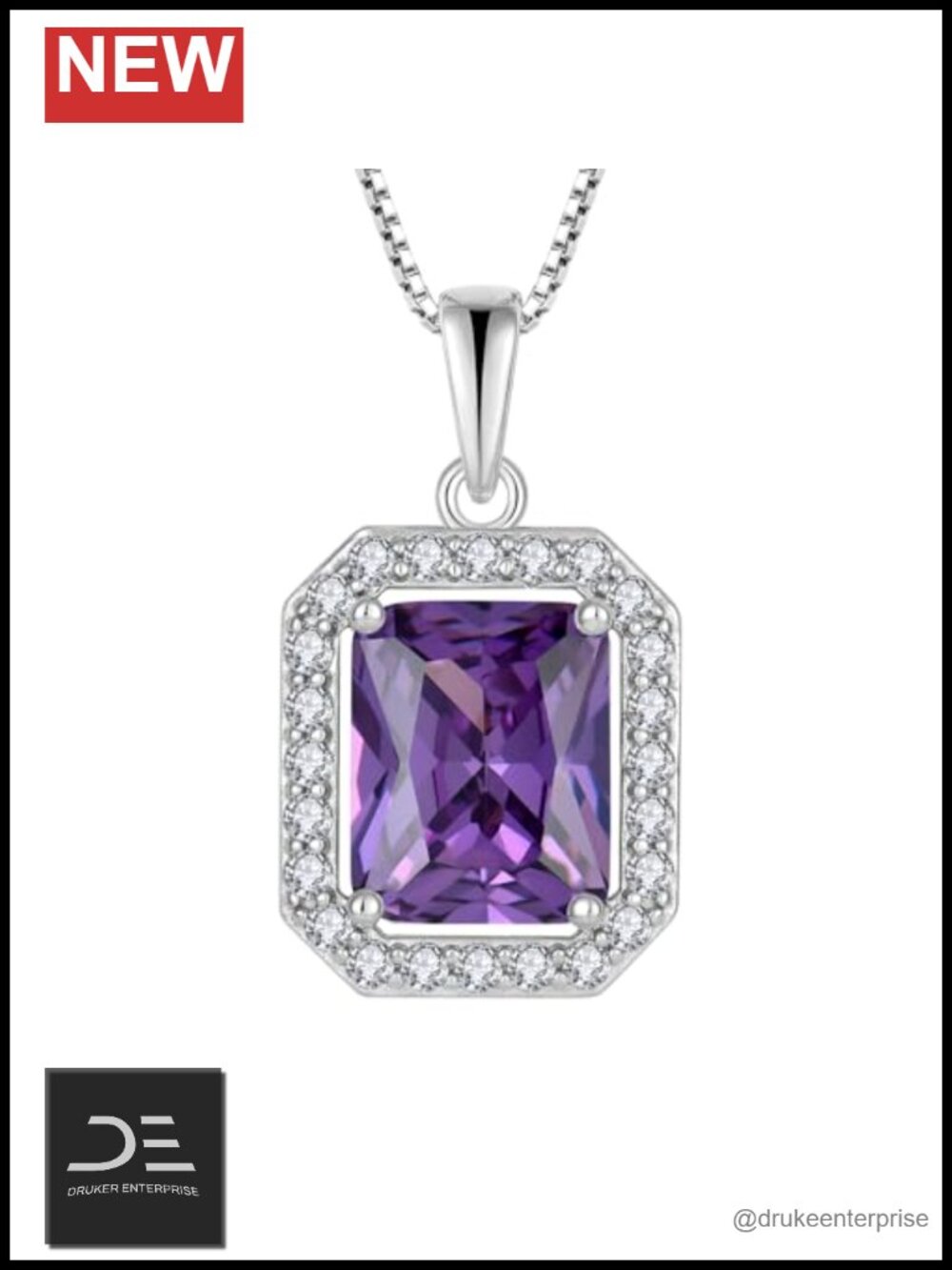 925 Sterling Silver Emerald Cut Amethyst Halo Pendant Necklace